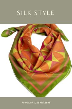 This Mod flower print silk scarf will bring a 60s garden vibe to your wardrobe and is just the right size. Wear around your neck or head bandana style, or tie to your bag for office and travel. The original design with a mid-century-inspired orange and pink flower design is printed on soft habotai silk. It will add a splash of color to any season and is truly an artistic and unique fashion scarf. Multicolor Silk Headscarf For Spring, Multicolor Floral Print Headscarf For Spring, Retro Multicolor Summer Scarves, Green Square Scarf For Spring, Square Silk Scarf For Spring, Spring Square Silk Scarf, Multicolor Silk Headscarf For Summer, Summer Multicolor Silk Headscarf, Retro Multicolor Scarves For Spring