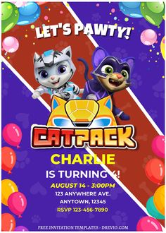 a birthday party flyer with two cats and balloons