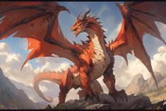 a red dragon standing on top of a mountain