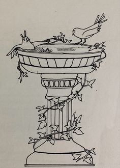 a drawing of a bird sitting on top of a fountain with birds flying around it