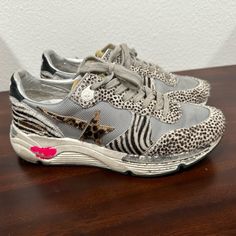 Golden Goose Running Shoes Size 38 Multi Animal Print Zebra And Leopard Silver Leather Sneakers With Flat Heel, Silver Leather Flat Heel Sneakers, Golden Goose Silver, Shoes Golden Goose, Goose Shoes, Golden Goose Shoes, Golden Goose, Womens Shoes Sneakers, Running Shoes