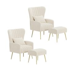 three white chairs with gold legs and a foot stool in the middle, on a white background