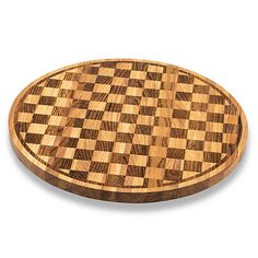 a wooden chess board on a white background