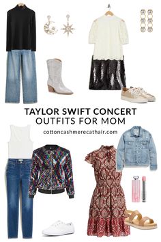 What to Wear to a Taylor Swift Concert: The Eras Tour Outfit Ideas Taylor Swift Outfit Ideas For Moms, Moms Eras Tour Outfits, Mom Outfits For Eras Tour, Taylor Swift Eras Tour Outfits Ideas For Moms, Eras Tour Outfit Ideas Mom, Taylor Swift Concert Mom Outfit, Taylor Swift Mom Outfit, Mom Taylor Swift Outfits, Mom Outfit Taylor Swift Concert