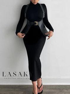 Lasaky - Chic Turtleneck Maxi Dress with Long Sleeves and Waist Belt Bodycon Dress With Belt, Turtleneck Maxi Dress, Maxi Dress With Long Sleeves, Stand Collar Dress, Dress Name, Diva Style, Fashionably Late, Fashion Diva, Elegant Maxi Dress