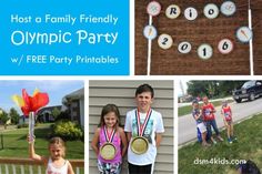 four pictures with the words host a family friendly olympic party w / free printables