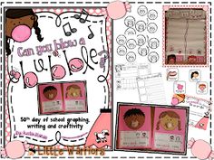 some pink and white papers with pictures of children's faces on them, including music notes