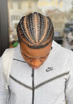 4 Braids For Black Hair Men, Simple Mens Cornrows, Quick Male Braids, Men’s 4 Braids Hairstyles, Short Mens Braids Hairstyles, Male Scalp Braids, Mens 6 Cornrows, Cornrow With Faded Sides Men, Corn Row Braids Styles Men