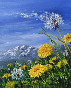 a painting of wildflowers and mountains in the background