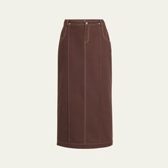 Jane Wade canvas trucker skirt featuring contrast topstitching High rise Four-pocket style  Skirt falls straight from hip to hem Hem falls below the knee Button/zip fly; belt loops  Cotton Lining: Cotton Machine wash warm, dry flat Made in USA Brown Cotton Gathered Skirt Bottoms, High Waist Brown Skirt With Button Closure, Brown Knee-length Skirt With Pockets, Knee-length Lined Brown Skirt, Brown Knee-length Skirt With Button Closure, Contrast Topstitching, Fall Fashion Skirts, Style Skirt, The Knee