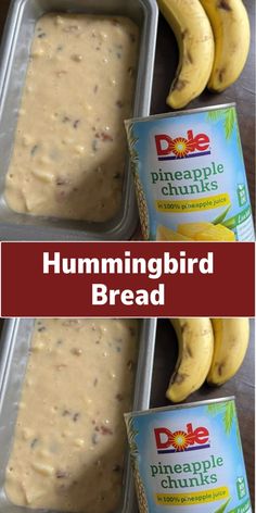 two pans filled with hummingbird bread next to bananas