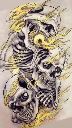 a drawing of two skulls with flames coming out of them