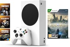 a white xbox game system with two controllers and games on the back side, including fortnite