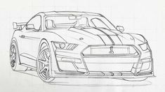 a drawing of a mustang car with stripes on it's hood and tail lights