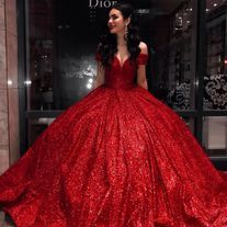 SofieProm on Storenvy Glitter Red Dress, Red Glitter Dress, Red Sparkly Dress, Red Ball Gowns, Fluffy Dress, Red Quince, Sequin Ball Gown, Red Quinceanera Dresses, Quinceñera Dresses