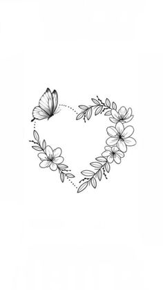 a heart shaped frame with flowers and butterflies on it, drawn in pencil by hand