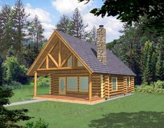 a small log cabin with a stone chimney