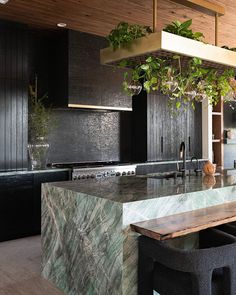 a modern kitchen with marble counter tops and black cabinets, hanging plants over the island