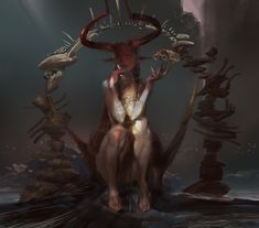 a digital painting of a demon sitting on a rock in the middle of some water