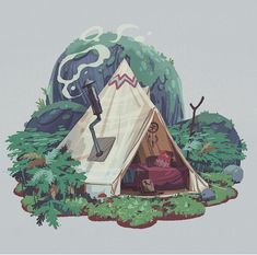 an illustration of a tent in the woods