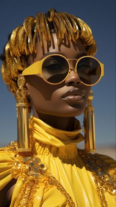 a woman with gold jewelry and sunglasses on top of her head, wearing a yellow dress