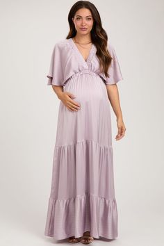 Lavender V-Neck Flutter Sleeve Tiered Maternity Maxi Dress Pink Maxi Maternity Dress, Maxi Maternity Dress, Maternity Maxi Dress, Maternity Maxi, Pink Maxi, Pregnancy Maxi Dress, Pink Blush Maternity, Wedding Mood, Maternity Dress