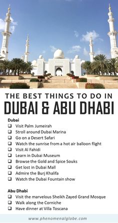 the best things to do in dubai and abu, with text overlaying it