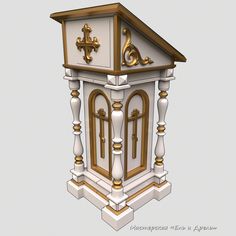 a white and gold clock tower with cross on it's top, standing upright