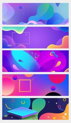 three abstract banners with different colors and shapes on them, one in the foreground