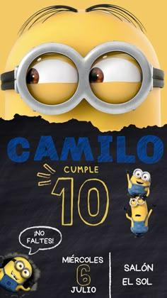 the minions movie poster is shown in blue and yellow with glasses on it's head