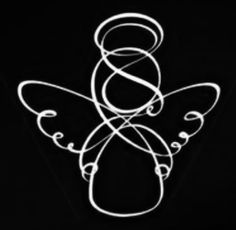 a white wire angel sitting on top of a black background with swirls in it