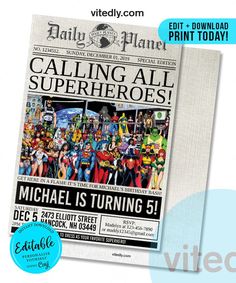 a newspaper cover with the words calling all superheros and an image of people in costumes