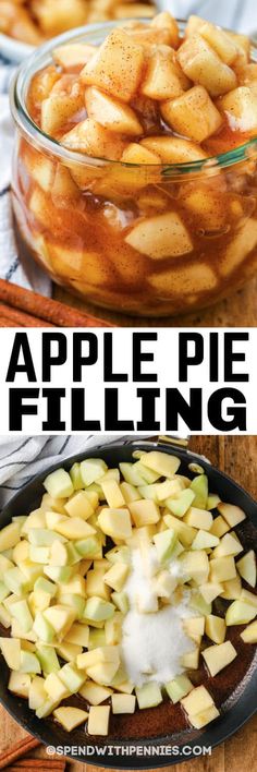 apple pie filling in a glass bowl with apples and cinnamon on the side