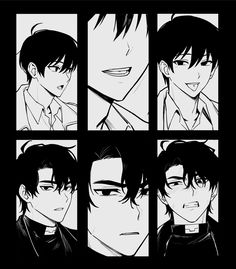 four black and white anime faces with different expressions