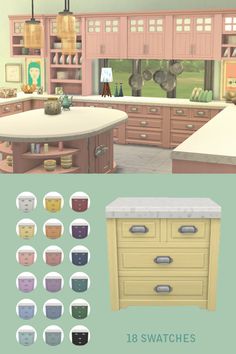 the kitchen is decorated in pastel colors and features an island countertop with drawers