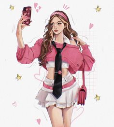 a drawing of a girl with long hair wearing a pink shirt and tie holding a cell phone