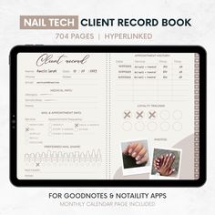 the nail tech client record book is displayed on a tablet screen with photos and text