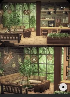 two pictures of a living room with furniture and plants on the windows sills