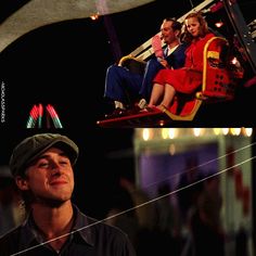 two pictures of people riding on a roller coaster at night and in the background, there is a man wearing a hat