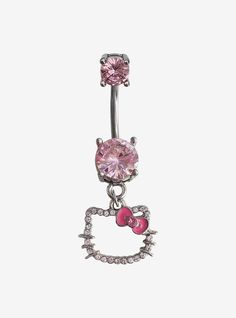 a pink belly ring with an hello kitty dangling from it's center, surrounded by clear crystal stones