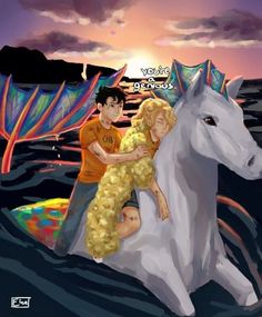 a man and woman riding on the back of a white horse next to an ocean