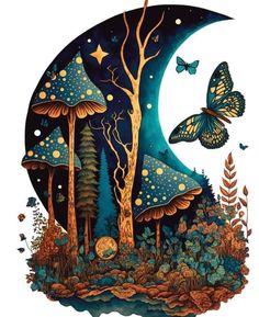 a painting of trees and butterflies in the night sky