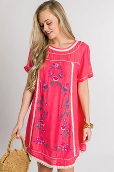 Pink Floral Embroidered Short Sleeve Dress, Short Sleeve Pink Dress With Floral Embroidery, Pink Short Sleeve Dress With Floral Embroidery, Spring Pink Mini Dress With Floral Embroidery, Coral Spring Vacation Dresses, Spring Coral Vacation Dresses, Spring Vacation Coral Dresses, Coral Dresses For Spring Vacation, Casual Coral Summer Dress