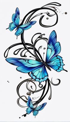 blue butterflies with swirls and scrolls on the side of a white background, as well as black ink