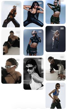 a series of photos showing different women in black outfits and sunglasses, all with their hands on their hips