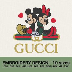 two mickey mouses sitting on top of each other with the words embroidery design - 10 sizes