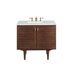 The Mid-Century Modern inspired Amberly collection showcases a rich walnut wood cabinet, set elegantly atop subtly curved legs, and accented with oval Champagne Brass pulls. Floating or freestanding, Amberly is an eye-catching focal point for any luxury bathroom décor. James Martin Vanities Amberly 36-in Mid-century Walnut Undermount Single Sink Floating Bathroom Vanity with Ethereal Noctis Quartz Top in Brown Wood Cabinets Kitchen Knobs, Silestone Countertops, Console Styling, James Martin Vanity, Bathroom Decor Luxury, Floating Bathroom Vanity, James Martin, Floating Vanity, Single Sink Bathroom Vanity