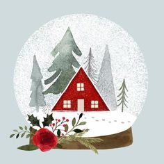 a snow globe with a red house in the middle and evergreen trees around it on a blue background