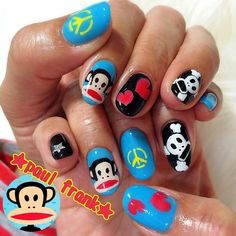 Paul Frank Tattoo, Skateboard Nails, Paul Frank Nails, Scene Nails, Milky Nails, Paul Frank, Kawaii Nails