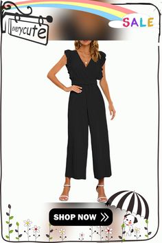 Black V Neck Ruffle Sleeveless Pleated Belt Jumpsuit Casual Black Jumpsuits And Rompers With Ruffles, Casual Black Jumpsuit With Ruffles, Black Sleeveless Ruffled Jumpsuit, Sleeveless Black Ruffled Jumpsuit, Sleeveless Black Ruffled Jumpsuits And Rompers, Sleeveless Black Jumpsuit With Ruffles, Elegant Sleeveless Ruffled Jumpsuits And Rompers, Sleeveless Ruffled Jumpsuits And Rompers For Night Out, Black Ruffled Jumpsuits And Rompers For Spring